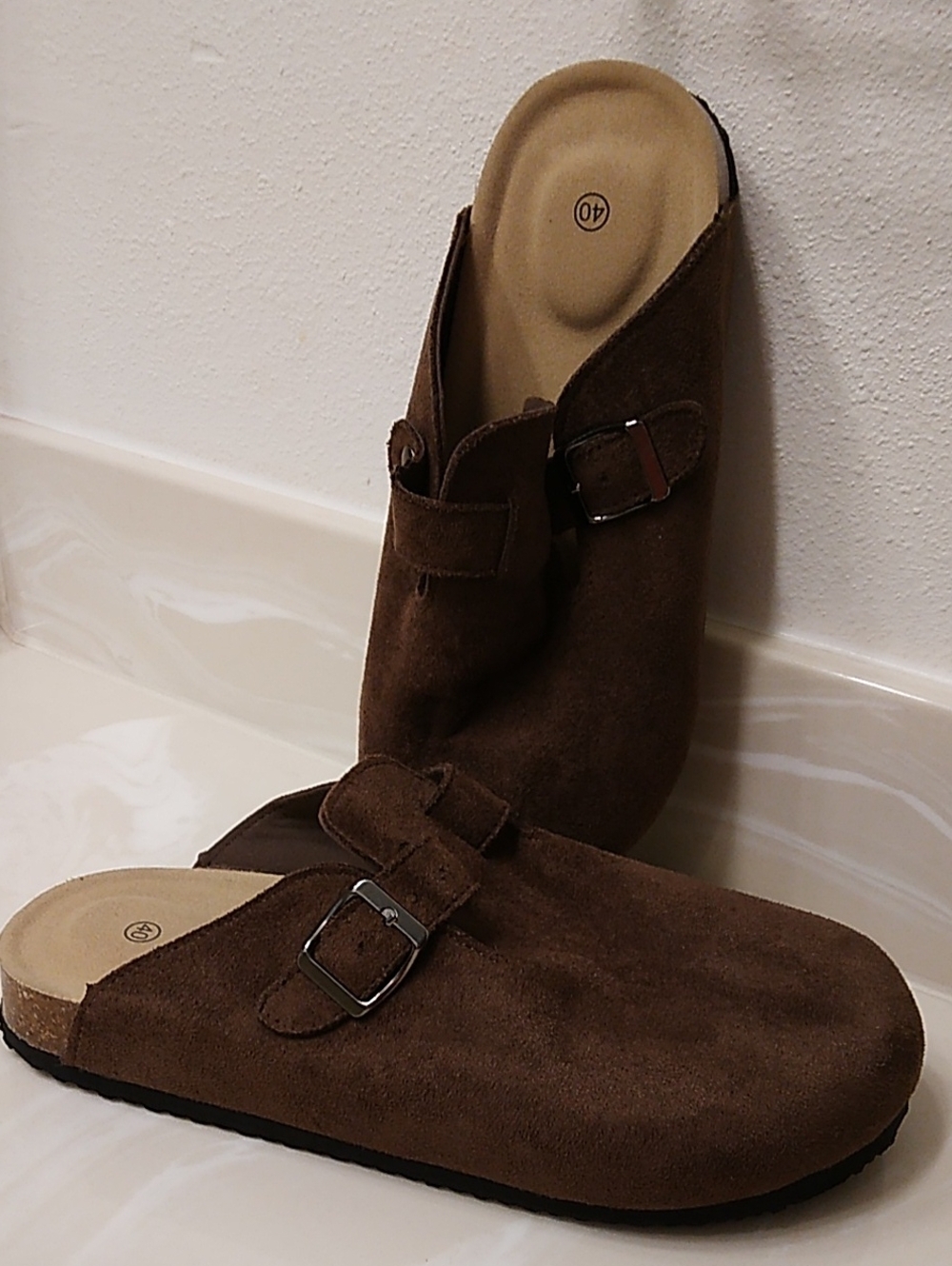 Womens Brown Suede Slip-On Clog with Buckle